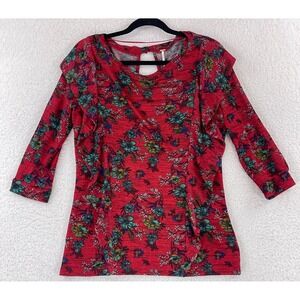 Free People Red Floral Dock Street Ruffle Shirt‎ Womens 3/4 Sleeve Size Medium